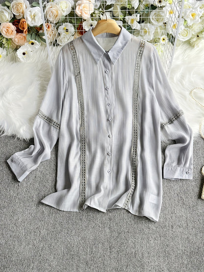 Women's Lace Patchwork Button-Up Long Sleeve Shirt Elegant Semi-Sheer Blouse White XS S M L XL XXL Vacation Date Office Fashion Top
