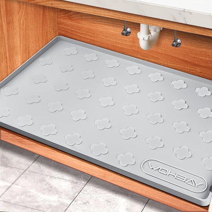 Tapis étanche en silicone pour sous-évier 86 x 56 cm, bac de rétention pour meuble de cuisine ou de salle de bain, capacité jusqu'à 7,5 litres, tapis de protection anti-fuite non toxique avec bords surélevés et motif trèfle à quatre feuilles