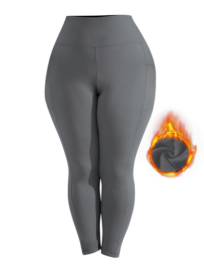 Pantalon de yoga grande taille pour femme avec poches – Legging chaud doublé en polaire taille haute pour l'automne et l'hiver, pantalon de sport moulant élastique, tailles 1XL-5XL en noir, gris, bordeaux et bleu marine
