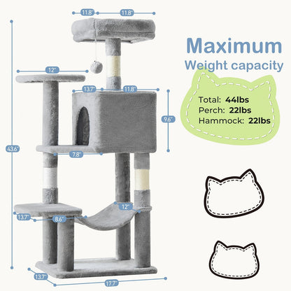Arbre à chat de 112 cm avec niche et hamac – Poteaux à griffer en sisal naturel, perchoirs à plusieurs niveaux et maison pour chats d'intérieur, disponible en beige, gris, rose et noir/rouge