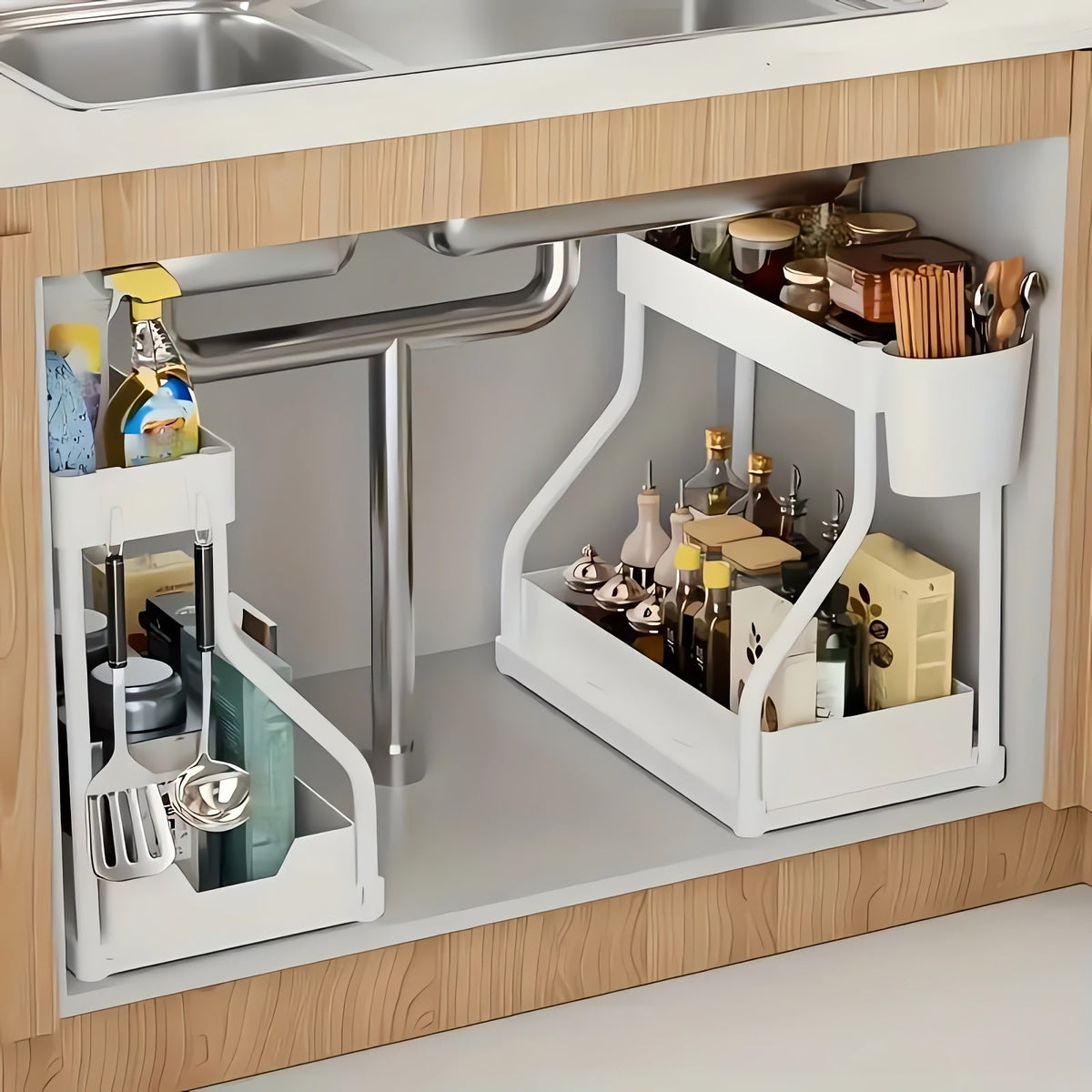 Lot de 2 organisateurs sous évier avec étagères à tiroirs coulissants – Rangement de placard extractible pour salle de bain, cuisine, cellier et meuble-lavabo, cadre en métal durable, organisation gain de place, noir ou blanc