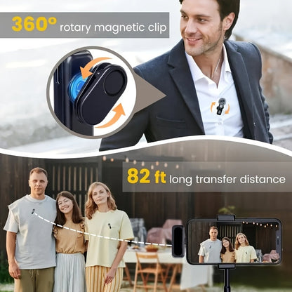 Wireless Lavalier Microphone USB-C 2.4G with DSP Noise Reduction, Digital Battery Display, 360° Omnidirectional Clip-On Lapel Mic, 100ft Range, Feather Windshield, Rotatable Magnetic Clip for iPhone, Android, Camera & Content Creators