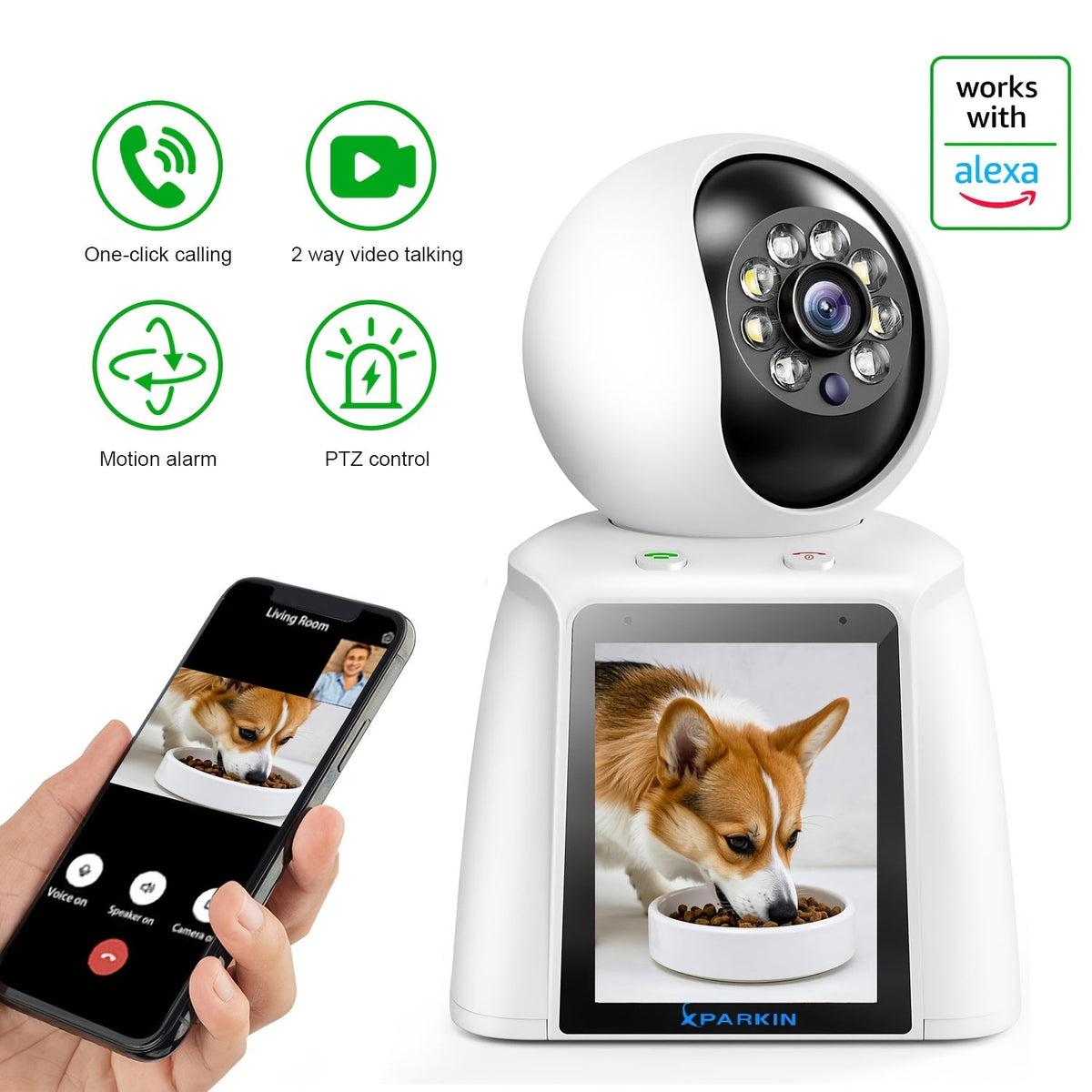 Caméra intérieure WiFi PTZ avec écran intégré de 3 pouces, appel vidéo HD 3MP, audio bidirectionnel, vision nocturne couleur, détection par IA, moniteur pour animaux, bébé et personnes âgées, caméra de sécurité domestique avec contrôle par application