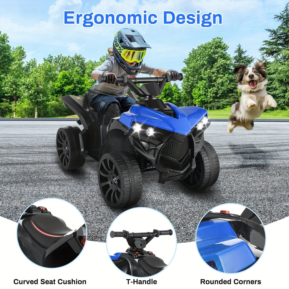 Quad électrique pour enfants avec phares, accélérateur à pédale, pneus tout-terrain antidérapants, capacité de 25 kg, vitesse de 3 km/h, jouet à enfourcher pour garçons et filles de 3 à 6 ans, cadeau d'anniversaire et de Noël, bleu, noir, rose, rouge