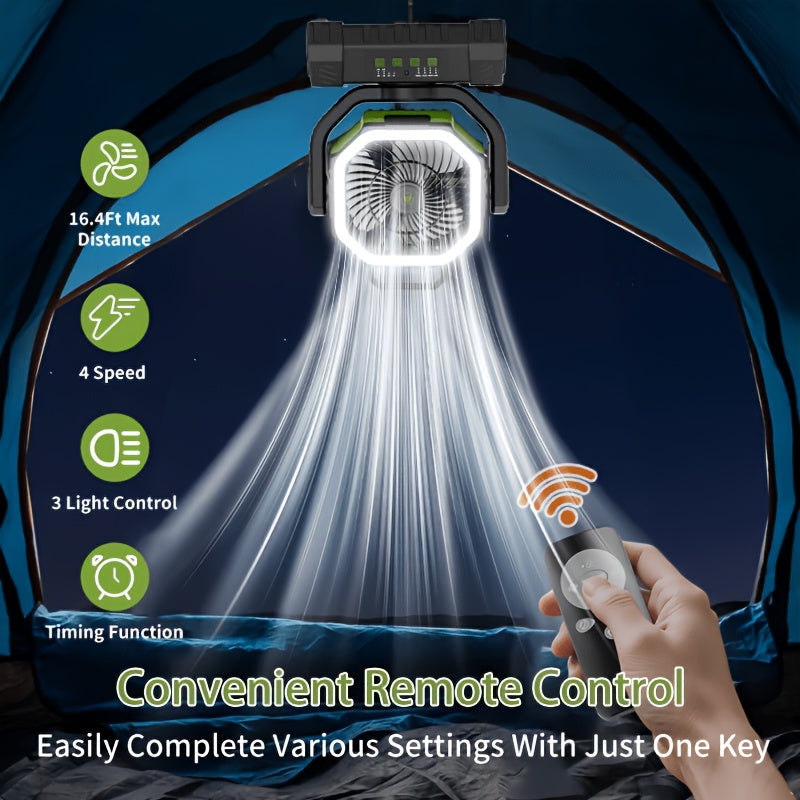 Ventilateur de camping 20000mAh avec télécommande, éclairage LED, oscillation, 4 vitesses, minuterie et batterie externe - Ventilateur de tente rechargeable pour le camping, le pique-nique, le barbecue et la pêche en plein air