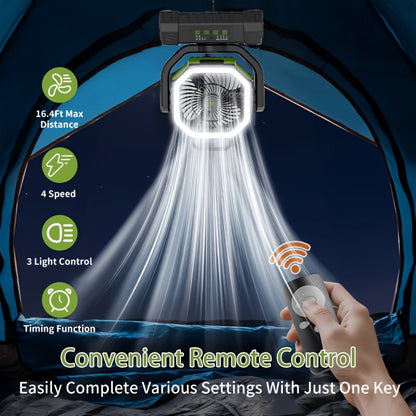 Ventilateur de camping 20000mAh avec télécommande, éclairage LED, oscillation, 4 vitesses, minuterie et batterie externe - Ventilateur de tente rechargeable pour le camping, le pique-nique, le barbecue et la pêche en plein air