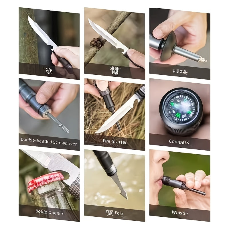 Bâton de randonnée tactique 7-en-1 – Canne de marche pliable et extensible avec boussole, pierre à feu, lame de scie, tournevis et pince, poignée ergonomique, cadeau idéal pour le camping et la randonnée de survie