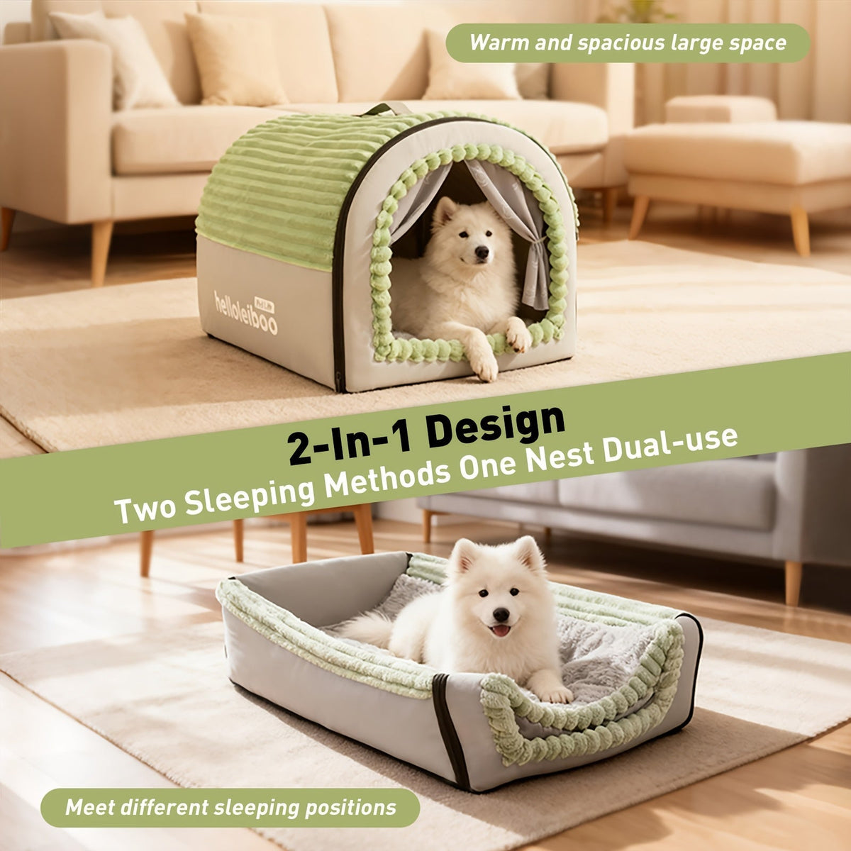 Niche pour chien pliable 2-en-1 toutes saisons – Maison pour animaux entièrement fermée avec poignée, nid douillet, doux et antidérapant, lavable pour chiens et chats de grande, moyenne et petite taille – Bavoir offert – Velora