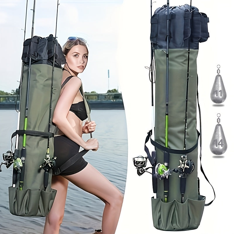Fishing Rod Bag Large Capacity Folding Durable Fishing Gear Carrier Bag Multifunctional Rod Holder Case with Two Lead Weights Fits Multiple Rods Tackle Organizer for Freshwater Saltwater Fishing