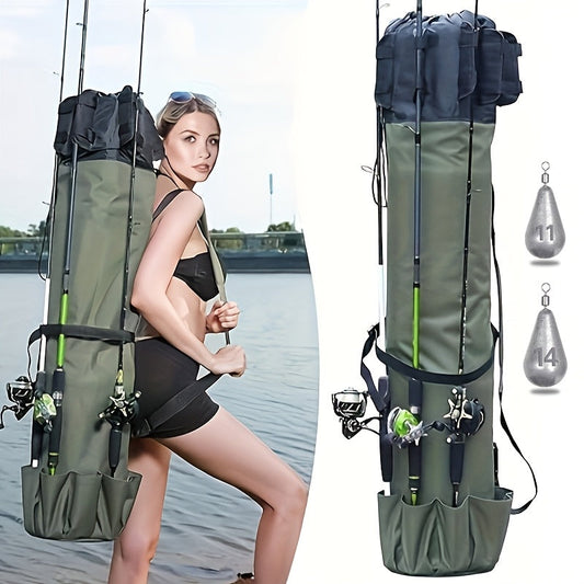 Sac de pêche grande capacité, pliable et durable, étui de transport multifonction pour cannes à pêche avec deux plombs, pouvant contenir plusieurs cannes, organisateur de matériel pour pêche en eau douce et en mer