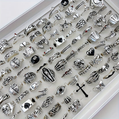 Lot de 24 bagues rétro punk pour hommes et femmes – Style sombre avec araignées, crânes et croix, bagues gothiques vintage, bijoux empilables réglables pour le quotidien, les fêtes, Halloween et comme cadeau