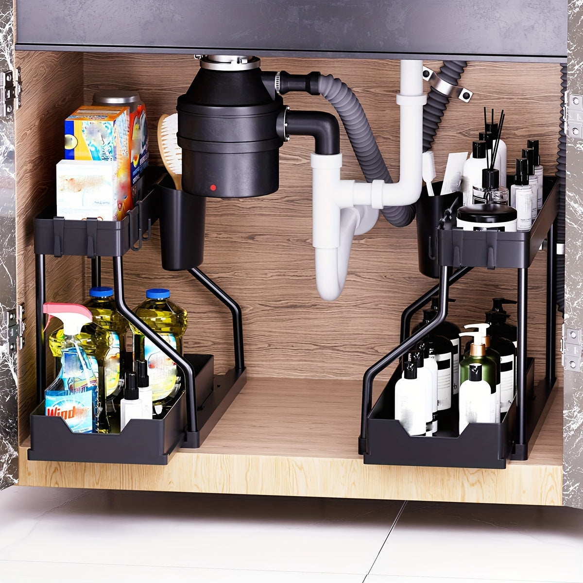 Lot de 2 organisateurs sous évier avec tiroirs coulissants – Rangement de placard durable pour salle de bain et cuisine, rangement vertical gain de place, disponible en noir et blanc