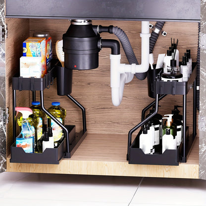 Lot de 2 organisateurs sous évier avec tiroirs coulissants – Rangement de placard durable pour salle de bain et cuisine, rangement vertical gain de place, disponible en noir et blanc