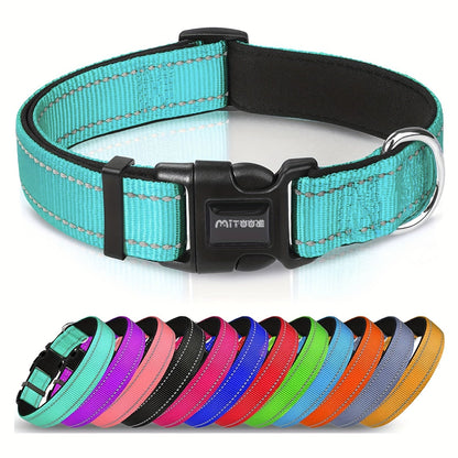 Collier réfléchissant pour chien avec boucle à dégagement rapide – Collier rayé de 2,5 cm, rembourré en néoprène doux et respirant pour petits, moyens et grands chiens, polyester durable, tailles XS à XL, 8 couleurs vives