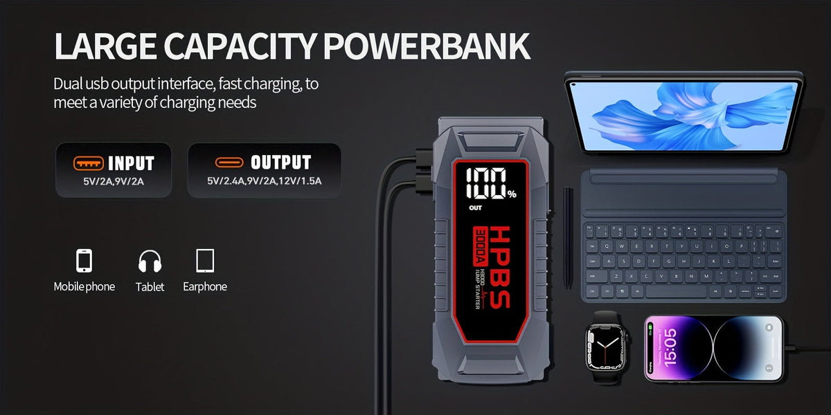 Démarreur de voiture 5000A, batterie externe 24000mAh, booster de batterie 12V pour moteurs essence et diesel – Démarrage rapide de batterie déchargée pour voiture, camion, SUV, moto avec lampe de poche LED pour urgences en extérieur