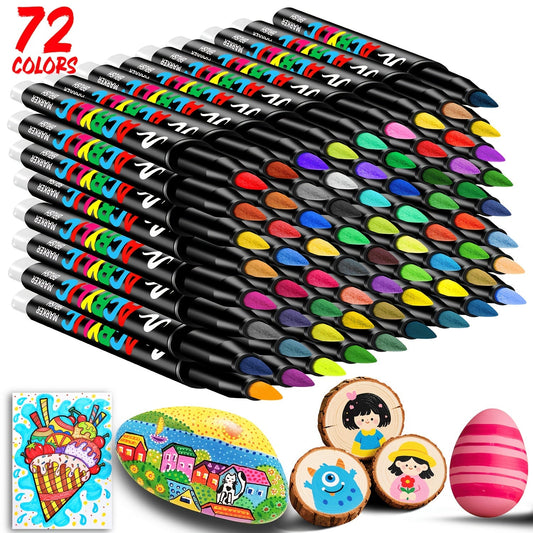 Acrylic Paint Markers 48/72 Colors Brush Tip – Permanent Flexible Tip Paint Pens for Fabric, Rock, Glass, Wood, Canvas, Ceramic & Plastic, Anti-Clog Ink System, School Art Craft Gift