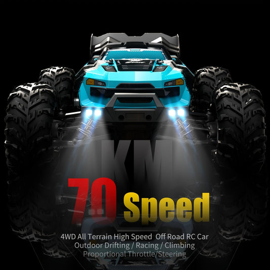 Voiture télécommandée rapide 70 km/h, échelle 1:16, 4x4 tout-terrain avec moteur sans balais RC390, 2,4 GHz, roue anti-cabrage, lumières LED, véhicule de course drift tout terrain – ZHUOYOU 2 batteries incluses