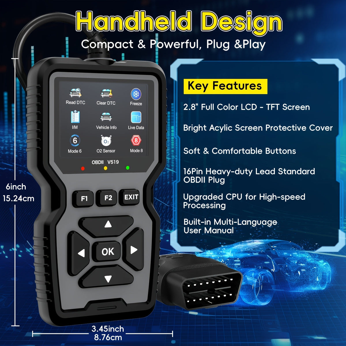 Outil de diagnostic OBD2, lecteur de codes défaut moteur universel avec fonction de réinitialisation, modes 6 & 8, test de préparation I/M – Compatible avec toutes les voitures, camions et SUV OBDII depuis 1996 – Gris