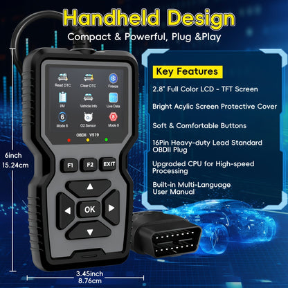 Outil de diagnostic OBD2, lecteur de codes défaut moteur universel avec fonction de réinitialisation, modes 6 & 8, test de préparation I/M – Compatible avec toutes les voitures, camions et SUV OBDII depuis 1996 – Gris
