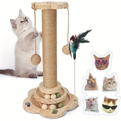 Arbre à chat en bois 5-en-1 avec griffoir pour chats d'intérieur, poteau en sisal, circuit à balles sur 2 niveaux, jouet interactif à plumes et balles suspendues, mobilier pour chatons et chats adultes