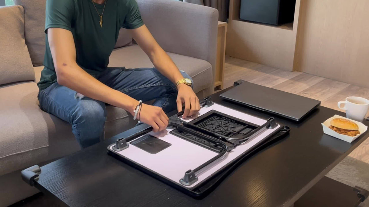 Bureau pour ordinateur portable pliable pour lit et canapé avec porte-gobelet, support pour téléphone, tiroir et port USB, plateau de petit-déjeuner pour travail et films – 6 styles