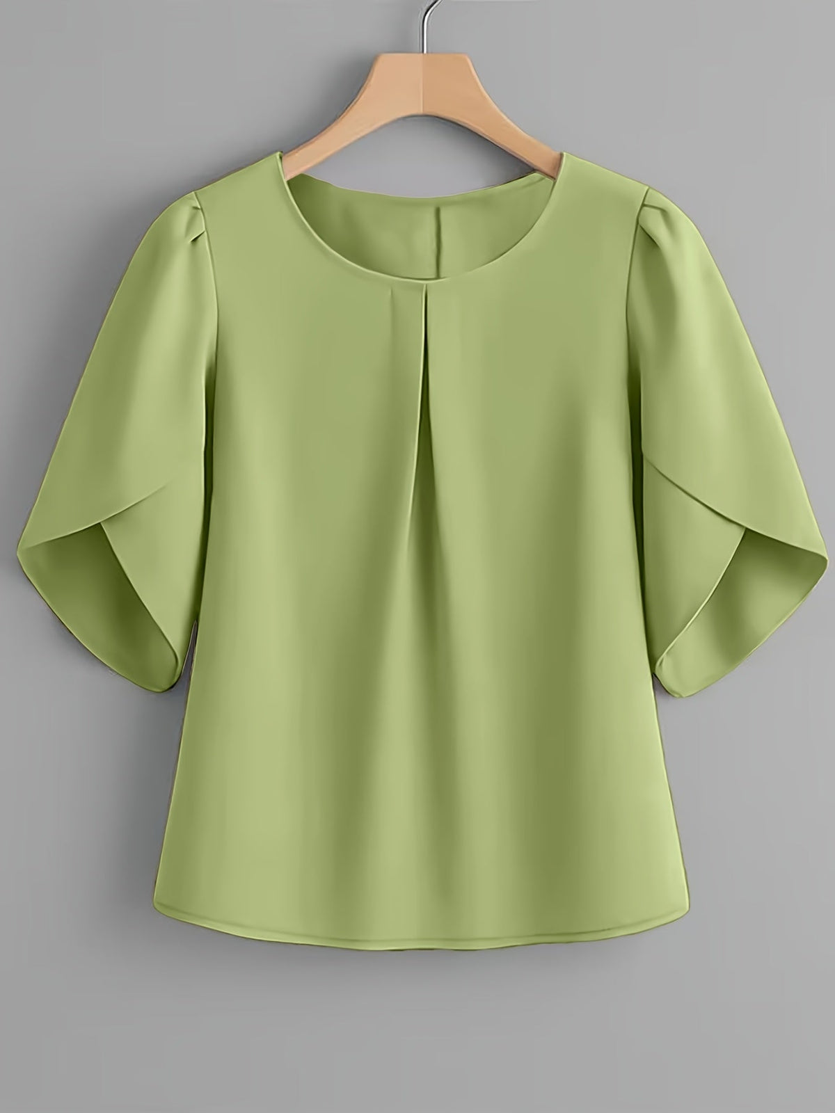 Chemisier femme à manches courtes, col rond, poignets à volants et plis sur la poitrine – Haut élégant en tissu 100 % polyester, semi-transparent, avec manches fendues