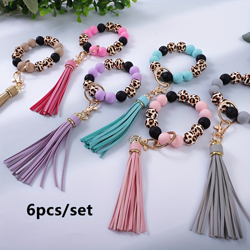 Lot de 6 porte-clés en perles de bois à motif léopard avec pompon et perles en silicone – Porte-clés de poignet idéal pour offrir à maman, à des amis ou pour les fêtes
