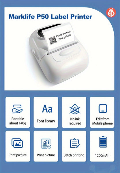 Imprimante d'étiquettes thermique portable Bluetooth P50 – Mini étiqueteuse sans fil pour la maison, le bureau, le commerce, les vêtements, les bijoux et l'alimentation, compatible Android et iOS, inclut un rouleau d'étiquettes blanches de 40x30 mm
