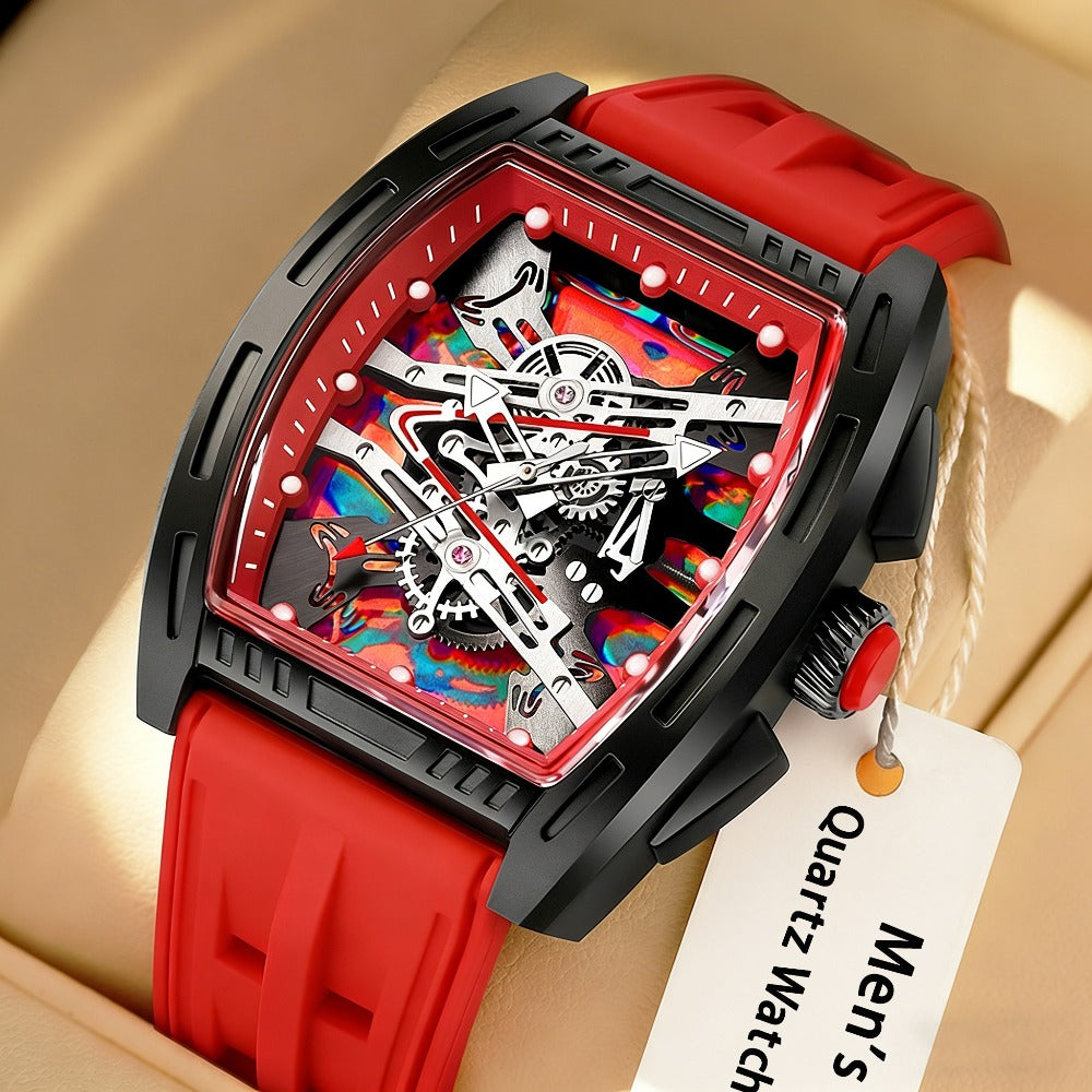 Montre quartz pour homme forme tonneau – Style rétro vintage, bracelet en silicone, montre élégante pour le travail, montre analogique de luxe pour homme disponible en 5 couleurs (blanc, noir, rouge, bleu, vert), cadeau d'anniversaire ou de fête pour lui