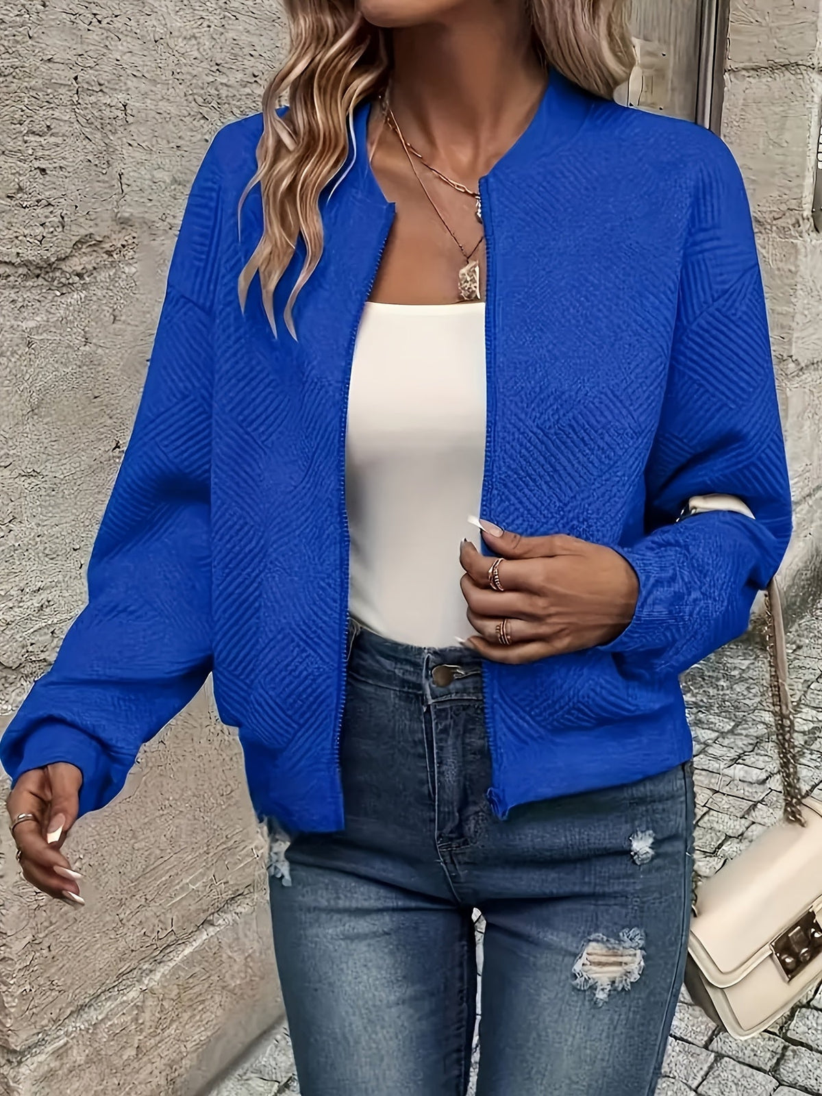 Veste zippée style baseball pour femme - Vêtement d'extérieur décontracté de couleur unie | Manteau sportif doublé en polyester avec bords-côtes, nouveauté mode automne-printemps