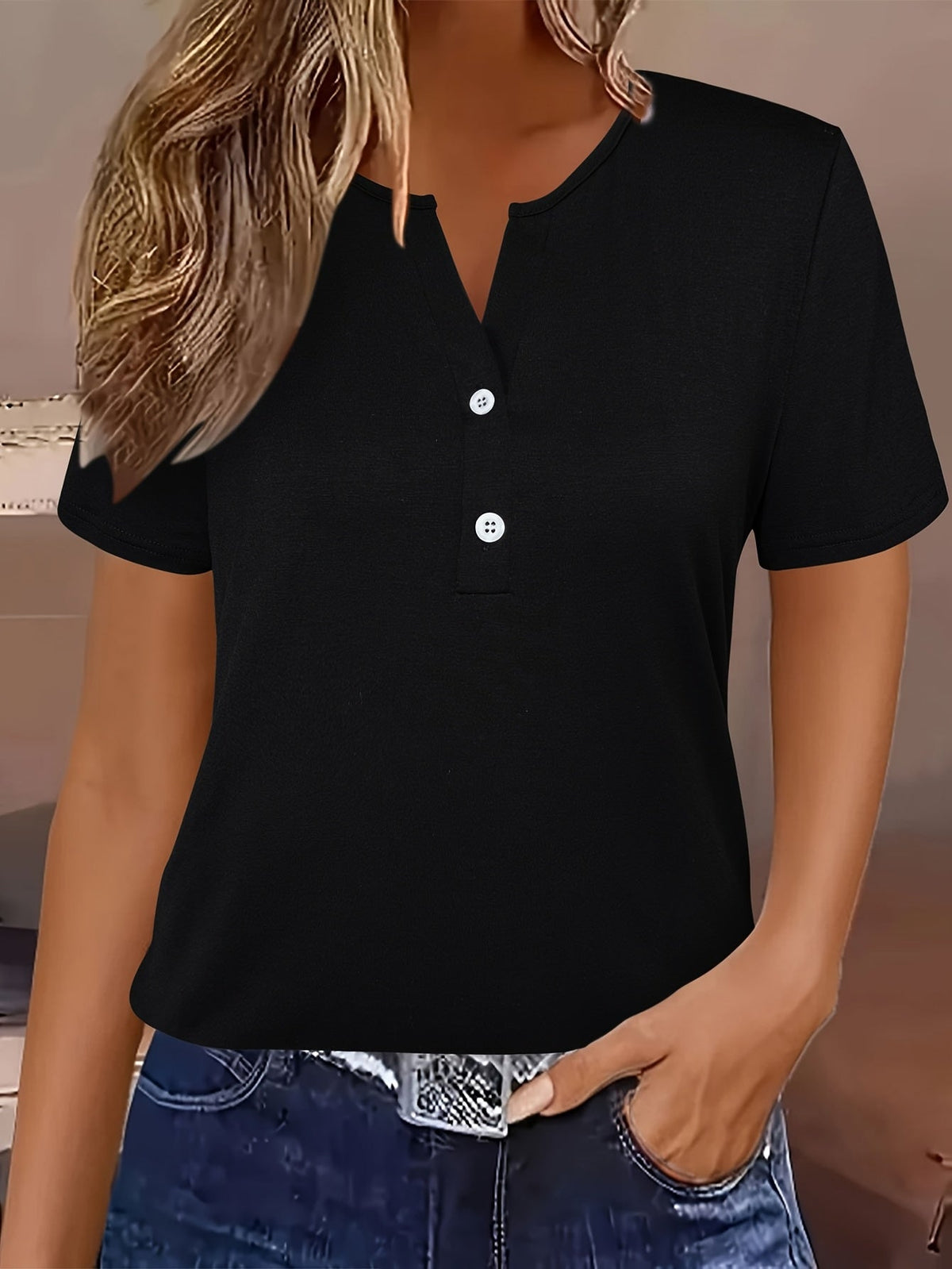 T-shirt élégant à col en V et manches courtes pour femme – Haut décontracté uni ultra-extensible pour le printemps, l'été et l'automne, lavable en machine