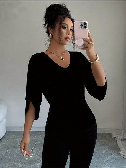 Haut en maille à col en V et manches chauve-souris pour femme - T-shirt chemisier décontracté à coupe ample, manches trois-quarts et taille haute pour le printemps, l'été et l'automne, pull mi-long polyvalent, blanc noir, tailles XS-XL