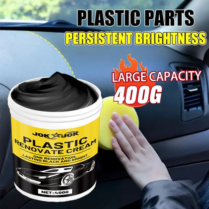 Polish pour plastiques et rénovateur de pneus 400 g avec éponge – Restaurateur tout-en-un pour tableau de bord, sièges et pare-chocs, formule PVC longue durée, éclat sans traces, application facile pour entretien automobile