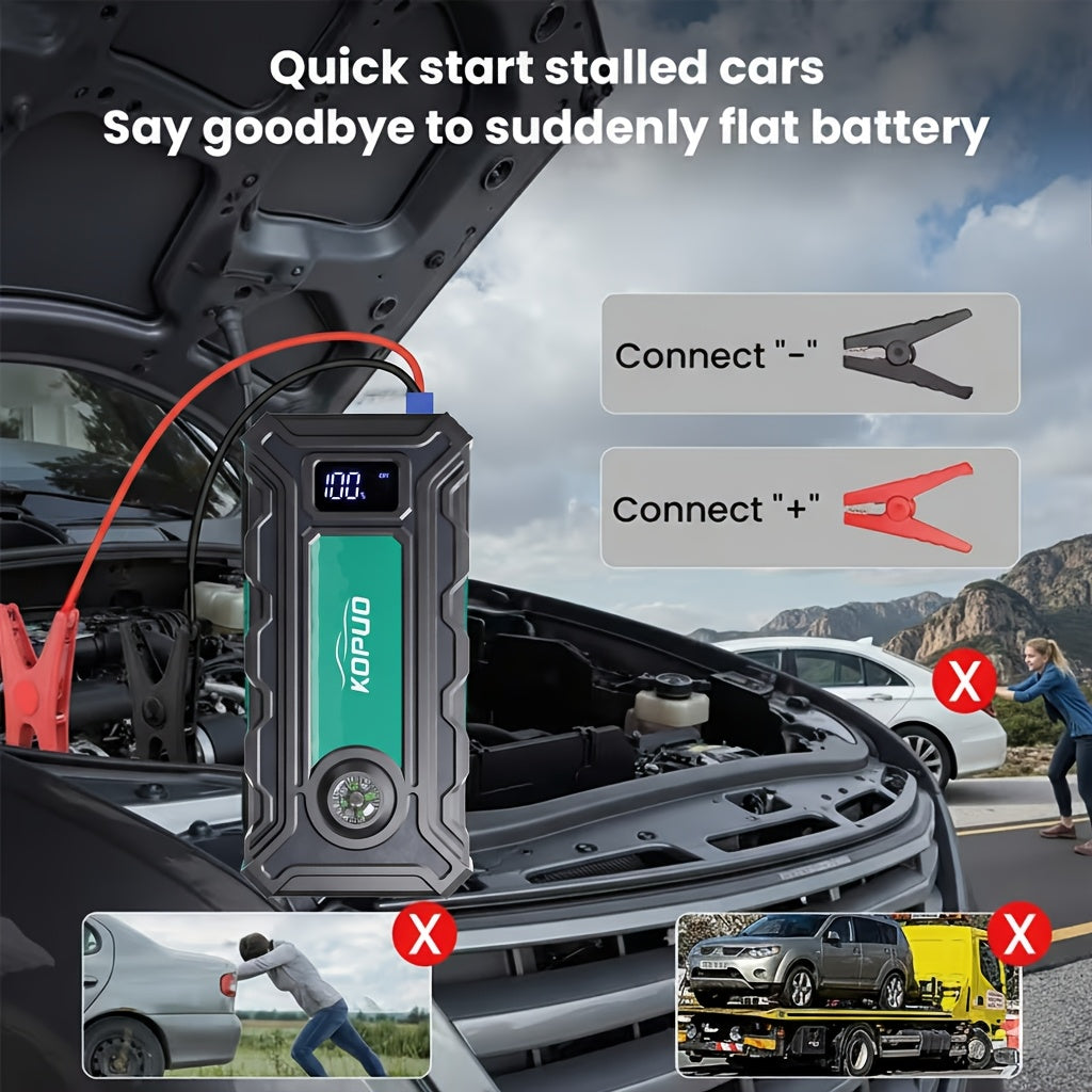 Démarreur de voiture portable 5000A/6000A – Booster de batterie 12V pour véhicules essence et diesel, batterie externe à charge rapide 65W, lampe de poche LED et écran LCD, bloc de démarrage d'urgence compact