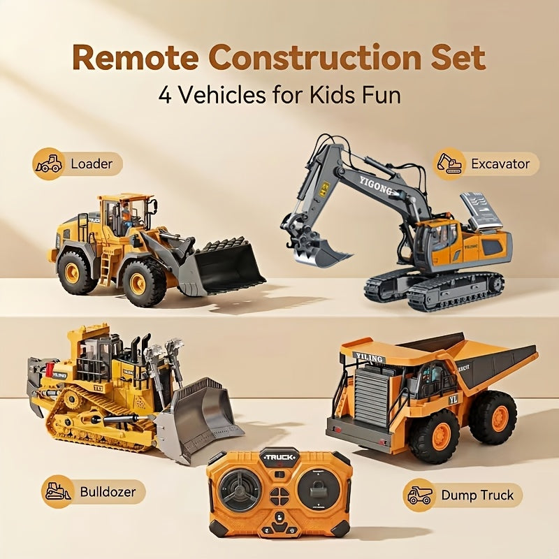 Ensemble de véhicules de chantier télécommandés 2,4 GHz, pelleteuse, camion-benne, bulldozer et chargeuse à 12 canaux, alliage et plastique, jouet de construction STEM pour enfants, cadeau d'anniversaire ou de Noël pour garçons