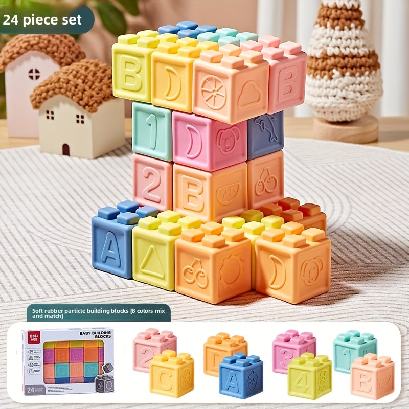 Blocs de construction souples en caoutchouc pour nourrissons et tout-petits – Jouet sensoriel à empiler, à mâcher et sans BPA, favorisant la préhension et le développement cognitif – 16, 24 ou 48 pièces – Âges 0-6 mois, 6-12 mois et 1-2 ans