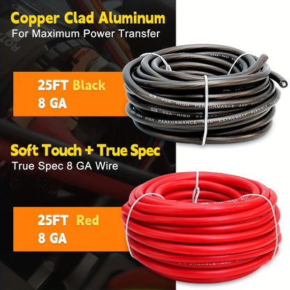 Kit de câbles d'alimentation et de masse CCA de calibre 8, 50 pi (25 pi rouge + 25 pi noir) pour autoradio, amplificateur, haut-parleur, marine, soudage et câblage électrique automobile
