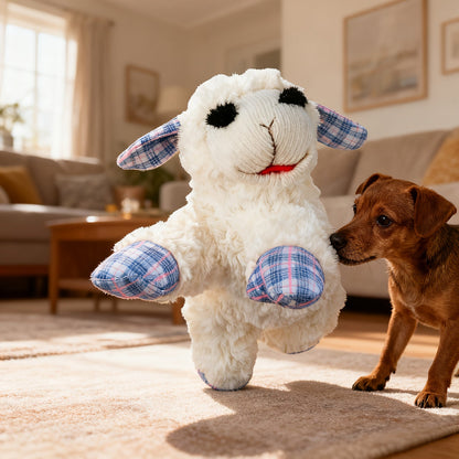 Jouet en peluche grinçant pour chien avec 5 couineurs intégrés – Peluche apaisante pour petits et moyens chiens, motif à carreaux bleu et rouge, jouet à mâcher anti-anxiété sans pile ni électricité pour races calmes