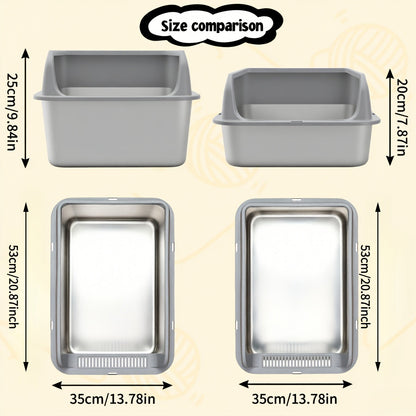 Bac à litière pour chat en acier inoxydable à bords hauts, bac anti-fuites avec pelle et plateau de tamisage, résistant à la rouille, anti-odeurs, anti-adhésif, facile à nettoyer, toilettes pour chats d'intérieur, taille moyenne à grande