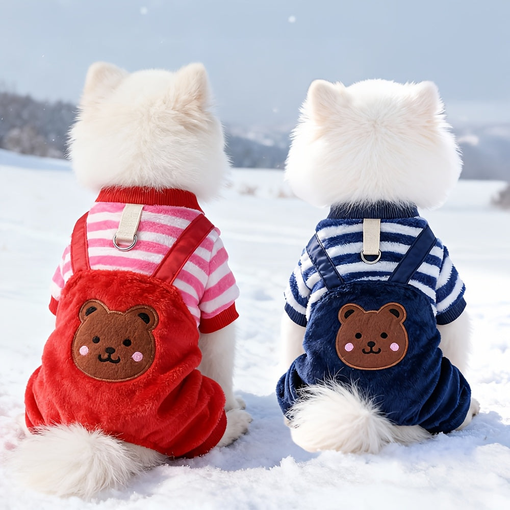 Salopette polaire d'hiver pour petits chiens et chats – Combinaison rayée brodée avec motif ours, vêtements chauds pour animaux avec ouverture pour laisse, tenue confortable pour chiots et chatons pour les promenades en extérieur