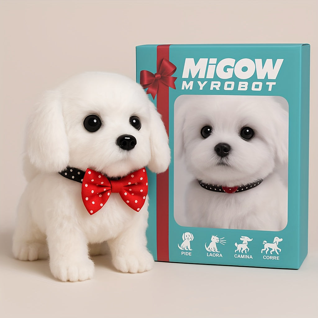 Chiot Labrador blanc interactif en peluche, jouet robotique qui marche, aboie et remue la queue, animal de compagnie électronique réaliste, idée cadeau pour anniversaire, Noël, fêtes, garçons et filles de 3 ans et plus