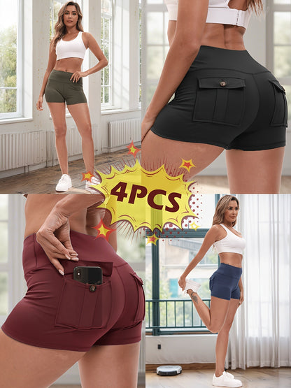 Ensemble de 4 shorts de yoga ultra-extensibles pour femmes – Shorts de fitness galbants à séchage rapide avec taille élastique et 2 poches, short de sport uni pour la gym, la course et le Pilates, S-XXL