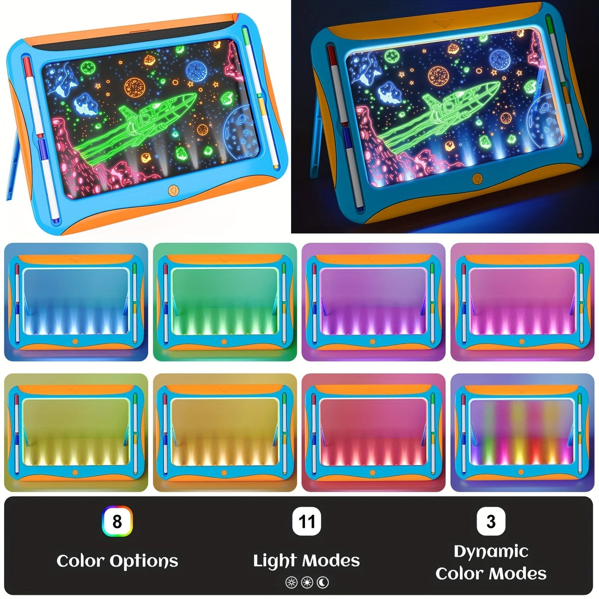 Tablette à dessin lumineuse LED pour enfants de 3 à 8 ans – Kit d’art phosphorescent avec 9 cartes recto-verso et 6 marqueurs, jouet éducatif de voyage, cadeau d'anniversaire et de Noël pour filles et garçons