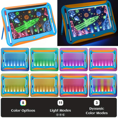 Tablette à dessin lumineuse LED pour enfants de 3 à 8 ans – Kit d’art phosphorescent avec 9 cartes recto-verso et 6 marqueurs, jouet éducatif de voyage, cadeau d'anniversaire et de Noël pour filles et garçons