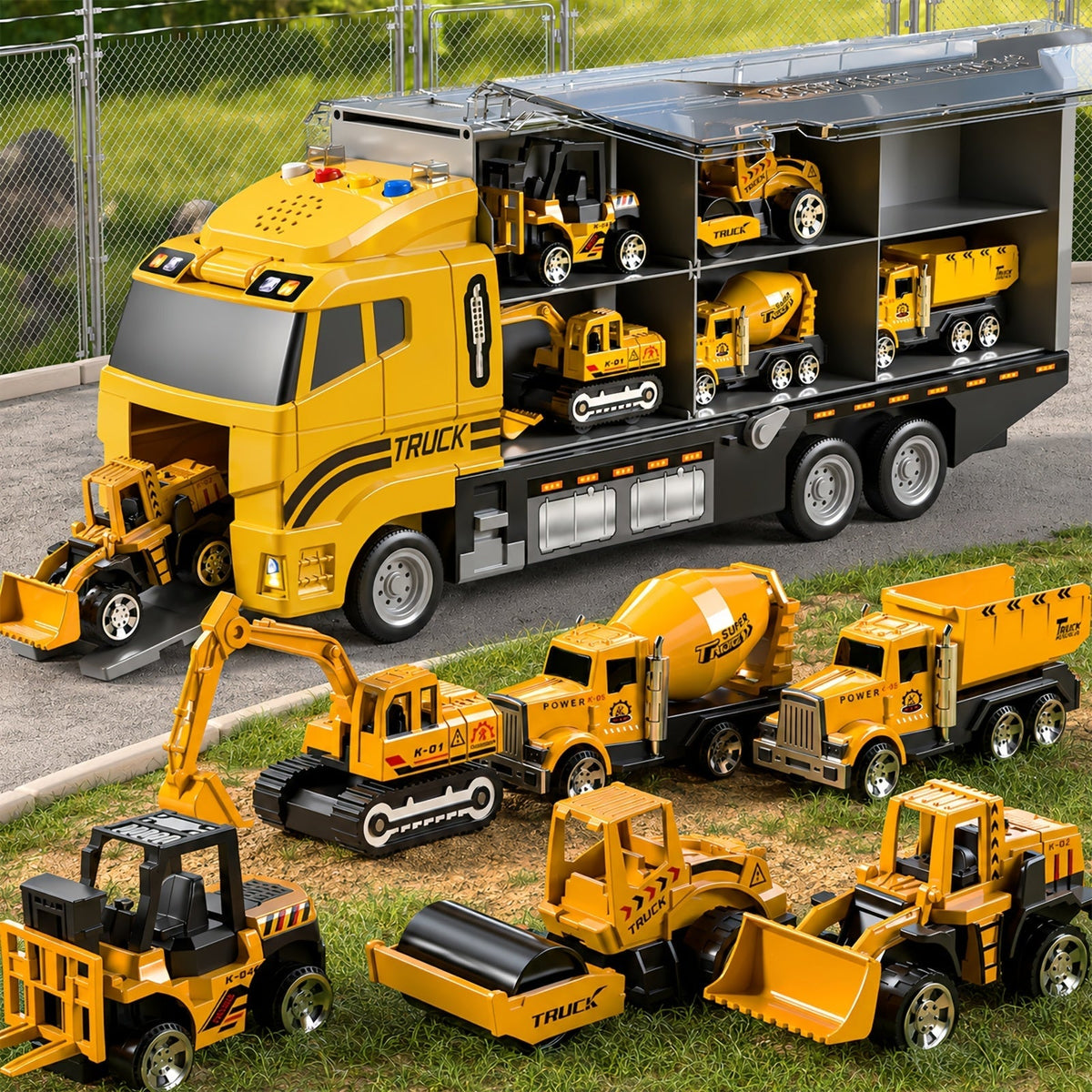 Ensemble de 13 véhicules de chantier avec camions moulés sous pression, tapis de jeu et transporteur – Coffret de jeu pour enfants de 3 ans et plus, cadeau idéal pour Noël et les anniversaires