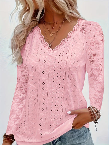 T-shirt à manches longues pour femme avec col en V en dentelle contrastante et œillets - Haut décontracté à bordure en dentelle florale élégante pour le printemps et l'automne