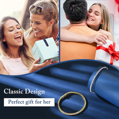 Bracelet tennis en argent  sterling S925 et moissanite pour femme – Finition or taille brillante 4 mm, style français élégant, hypoallergénique, tailles 15 à 23 cm, cadeau parfait pour un mariage ou un anniversaire (7,71 g)