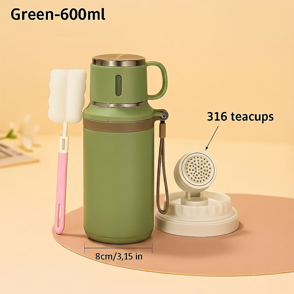 Gobelet isotherme en acier inoxydable de 600 ml, double paroi sous vide, couvercle étanche avec poignée, brosse de nettoyage incluse, pour boissons chaudes et froides, voyage, bureau, salle de sport, bouteille d'eau extérieure, 20 oz