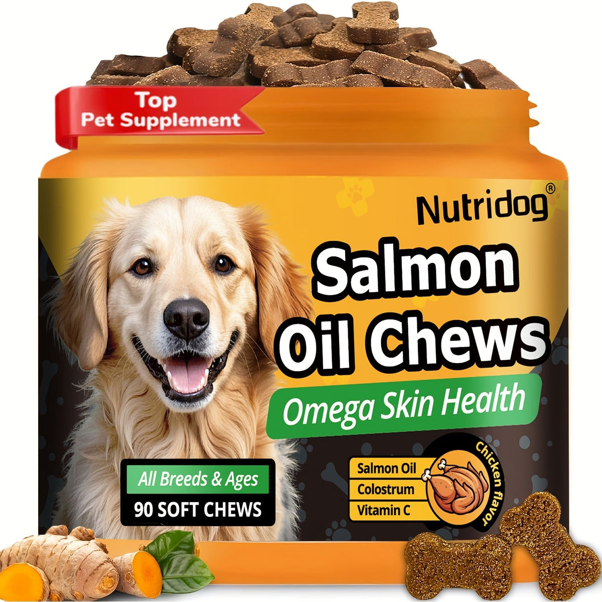 Complément nutritionnel pour chiens en bouchées tendres, 90 unités, aux probiotiques et huile de saumon, goût poulet - Soutient la santé du pelage, la santé intestinale et l'immunité pour les chiens de tous âges, 225 g