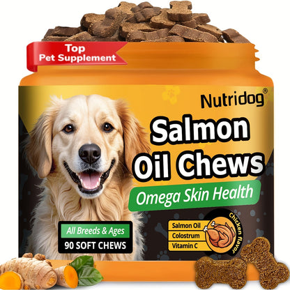 Complément nutritionnel pour chiens en bouchées tendres, 90 unités, aux probiotiques et huile de saumon, goût poulet - Soutient la santé du pelage, la santé intestinale et l'immunité pour les chiens de tous âges, 225 g